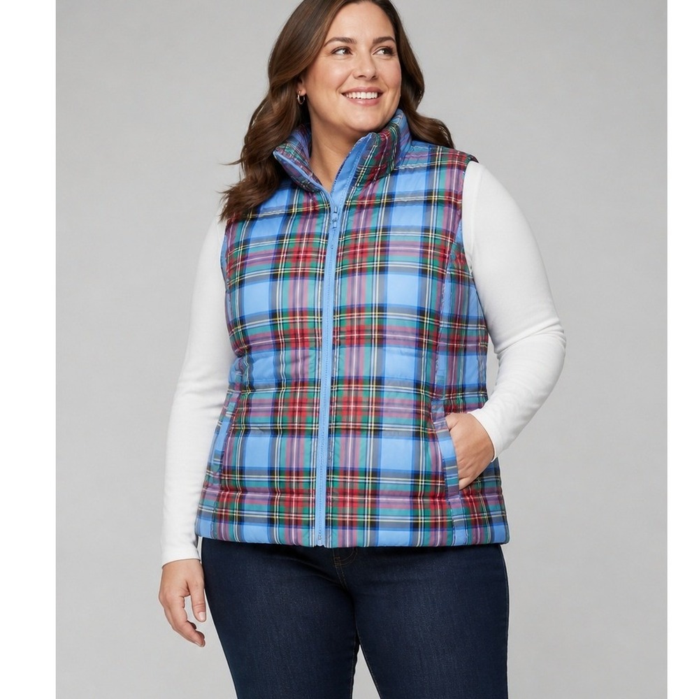 Lands End Womens 1X Plaid Down Puffer Vest Blue Red Green Quilted Zip 16W-18W